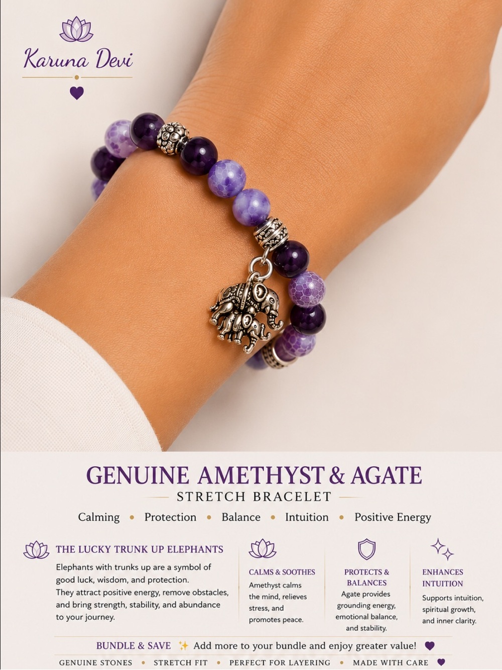 2 for $30 Amethyst and Agate Genuine Stone Beaded Stretch bracelet
